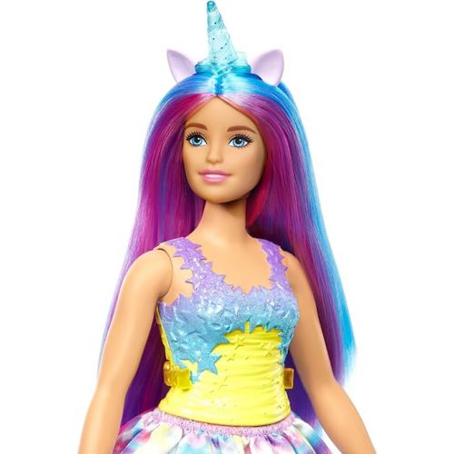바비 Barbie Dreamtopia Doll with Removable Unicorn Headband & Tail, Blue & Purple Fantasy Hair & Rainbow Skirt, Unicorn Toy