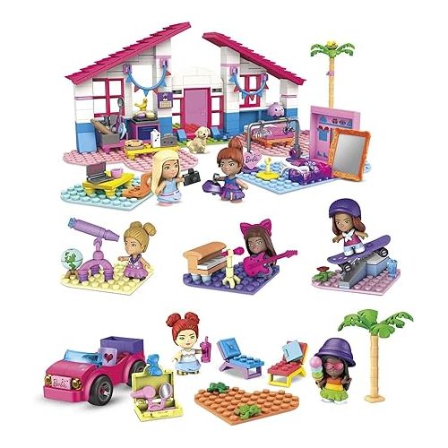 바비 Mega Barbie Malibu Building Sets Bundle, 440 bricks and pieces with fashion and roleplay accessories, 7 micro-dolls, 1 puppy, 2 birds and 2 turtles, toy gift set for ages 4 and up