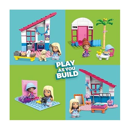 바비 Mega Barbie Malibu Building Sets Bundle, 440 bricks and pieces with fashion and roleplay accessories, 7 micro-dolls, 1 puppy, 2 birds and 2 turtles, toy gift set for ages 4 and up