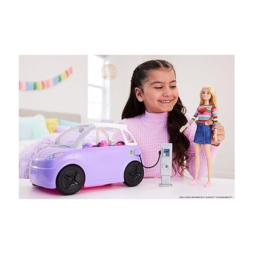 바비 Barbie Doll Accessories, Toy Car Electric Vehicle with Charging Station, Plug & Sunroof, Purple 2-Seater Transforms into Convertible