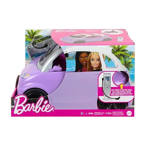 바비 Barbie Doll Accessories, Toy Car Electric Vehicle with Charging Station, Plug & Sunroof, Purple 2-Seater Transforms into Convertible