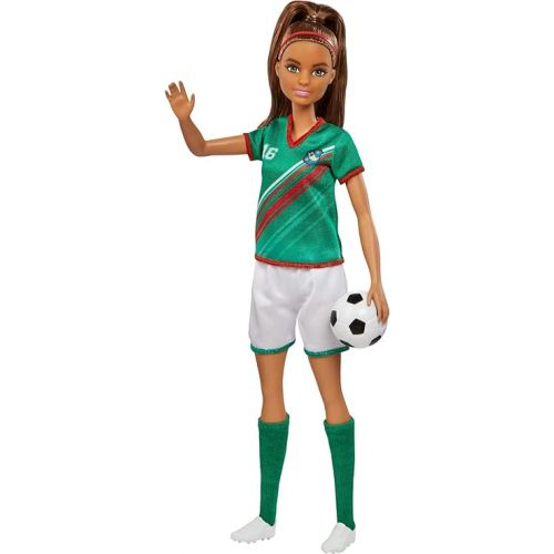 바비 Barbie Soccer Fashion Doll with Brunette Ponytail, Colorful #16 Uniform, Cleats & Tall Socks, Soccer Ball