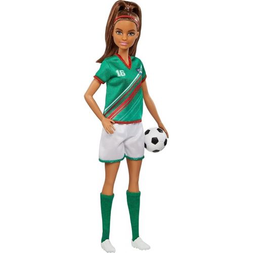 바비 Barbie Soccer Fashion Doll with Brunette Ponytail, Colorful #16 Uniform, Cleats & Tall Socks, Soccer Ball