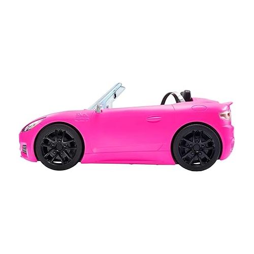 바비 Barbie Toy Car, Bright Pink 2-Seater Convertible with Seatbelts and Rolling Wheels, Realistic Details