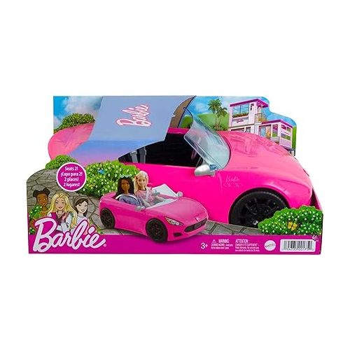 바비 Barbie Toy Car, Bright Pink 2-Seater Convertible with Seatbelts and Rolling Wheels, Realistic Details