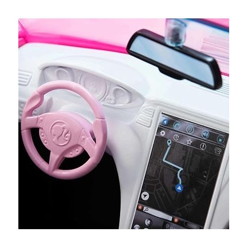 바비 Barbie Toy Car, Bright Pink 2-Seater Convertible with Seatbelts and Rolling Wheels, Realistic Details