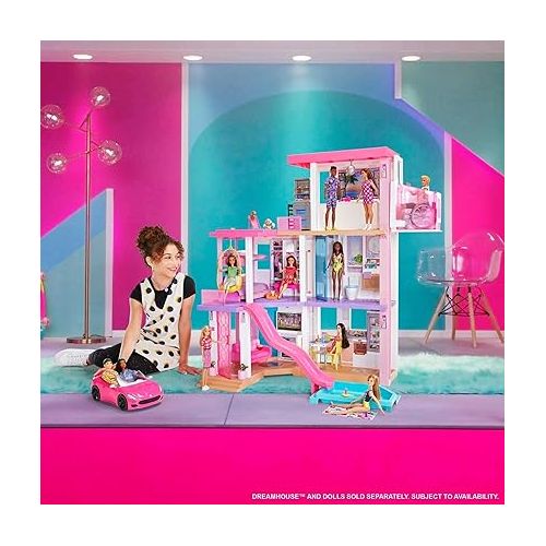 바비 Barbie Toy Car, Bright Pink 2-Seater Convertible with Seatbelts and Rolling Wheels, Realistic Details