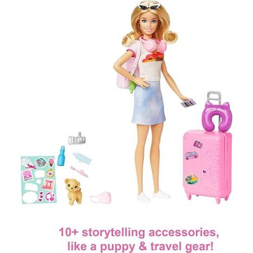 바비 Barbie Doll & Accessories, Travel Set with Puppy and 10+ Pieces, Suitcase Opens & Closes, Malibu Doll with Blonde Hair