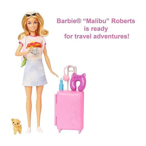 바비 Barbie Doll & Accessories, Travel Set with Puppy and 10+ Pieces, Suitcase Opens & Closes, Malibu Doll with Blonde Hair