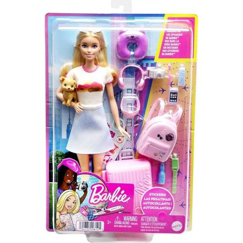 바비 Barbie Doll & Accessories, Travel Set with Puppy and 10+ Pieces, Suitcase Opens & Closes, Malibu Doll with Blonde Hair