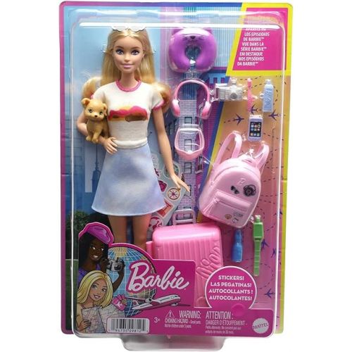 바비 Barbie Doll & Accessories, Travel Set with Puppy and 10+ Pieces, Suitcase Opens & Closes, Malibu Doll with Blonde Hair