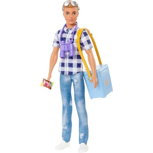 바비 Barbie Doll & Accessories, It Takes Two Camping Set with Cooler, Map & More, Blonde Ken Doll with Blue Eyes in Plaid Shirt