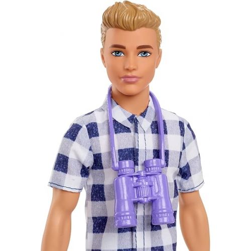 바비 Barbie Doll & Accessories, It Takes Two Camping Set with Cooler, Map & More, Blonde Ken Doll with Blue Eyes in Plaid Shirt