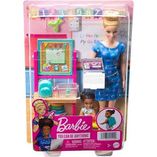 바비 Barbie Careers Doll & Playset, Teacher Theme with Blonde Fashion Doll, 1 Brunette Toddler Doll, Furniture & Accessories