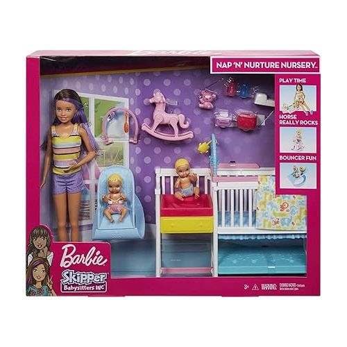 바비 Barbie Skipper Babysitters Inc Dolls & Playset, Nap 'n Nurture Nursery, Skipper Doll, Baby Doll, Crib & 10+ Accessories, Working Toy Bouncer