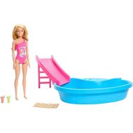 Barbie Doll & Pool Playset, Blonde in Tropical Pink One-Piece Swimsuit with Pool, Slide, Towel & Drink Accessories