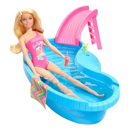 바비 Barbie Doll & Pool Playset, Blonde in Tropical Pink One-Piece Swimsuit with Pool, Slide, Towel & Drink Accessories