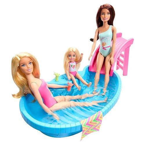 바비 Barbie Doll & Pool Playset, Blonde in Tropical Pink One-Piece Swimsuit with Pool, Slide, Towel & Drink Accessories