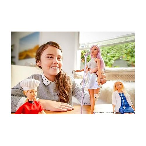 바비 Barbie Pop Star Fashion Doll with Pink Hair & Brown Eyes, Iridescent Skirt & Microphone Accessory
