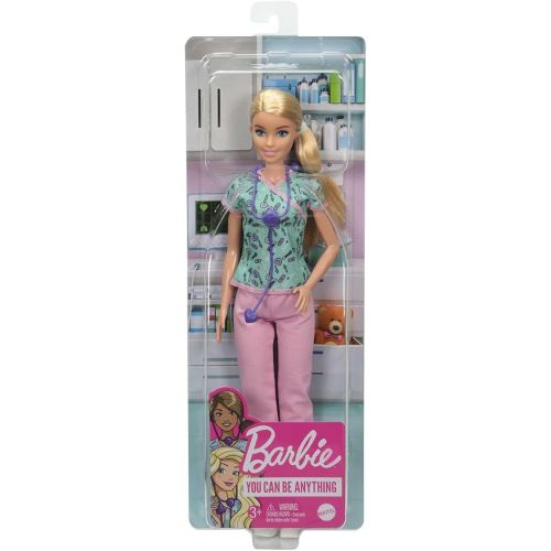 바비 Barbie Nurse Fashion Doll with Medical Tool Print Top & Pink Pants, White Shoes & Stethoscope Accessory