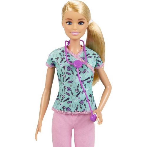 바비 Barbie Nurse Fashion Doll with Medical Tool Print Top & Pink Pants, White Shoes & Stethoscope Accessory