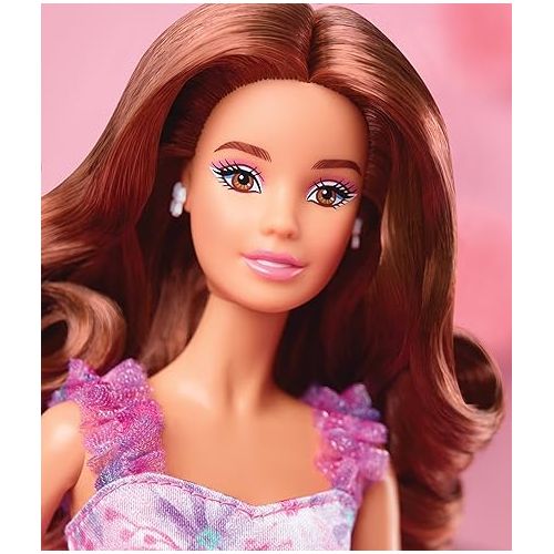 바비 Barbie Signature Birthday Wishes Doll, Collectible in Satiny Lilac Dress with Wavy Brown Hair and Giftable Packaging