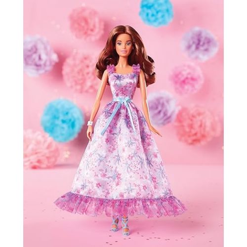 바비 Barbie Signature Birthday Wishes Doll, Collectible in Satiny Lilac Dress with Wavy Brown Hair and Giftable Packaging