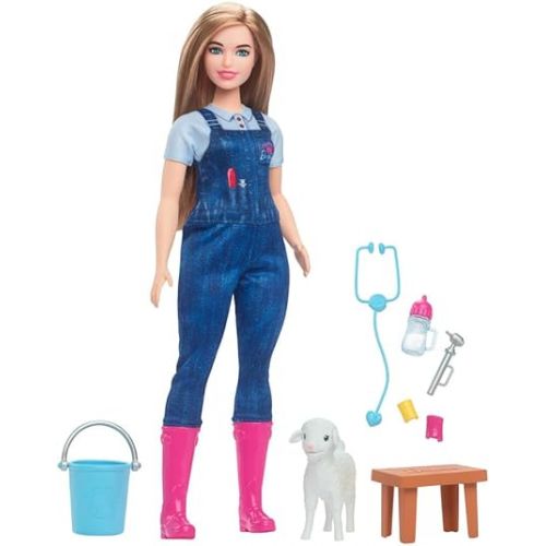 바비 Barbie 65th Anniversary Doll & 10 Accessories, Farm Veterinarian Set with Blonde Vet Doll, Lamb with Moving Ears & More