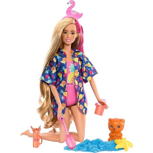 바비 Barbie Pop Reveal Doll & Accessories, Rise & Surprise Fruit Series Gift Set with Scented Doll, Squishy Scented Pet, Color Change, Moldable Sand & More, 15+ Surprises