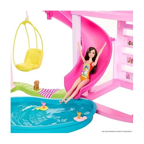 바비 Barbie DreamHouse, Doll House Playset with 75+ Pieces Including Toy Furniture & 3-Story Pool Slide, Pet Elevator & Puppy Play Areas