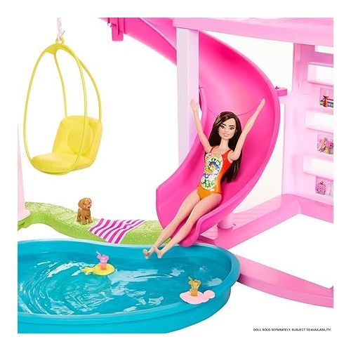 바비 Barbie DreamHouse, Doll House Playset with 75+ Pieces Including Toy Furniture & 3-Story Pool Slide, Pet Elevator & Puppy Play Areas
