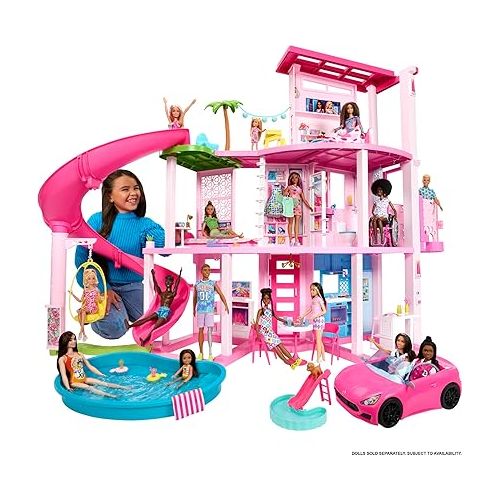 바비 Barbie DreamHouse, Doll House Playset with 75+ Pieces Including Toy Furniture & 3-Story Pool Slide, Pet Elevator & Puppy Play Areas