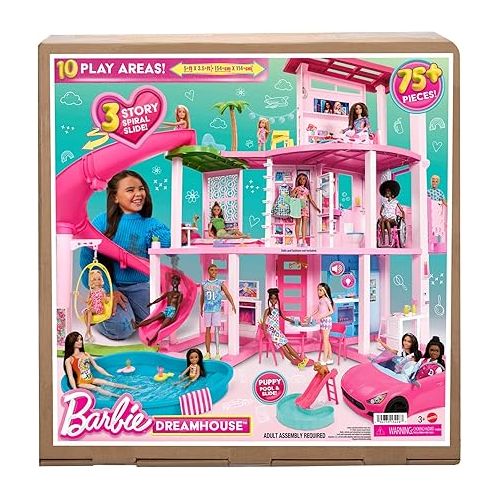 바비 Barbie DreamHouse, Doll House Playset with 75+ Pieces Including Toy Furniture & 3-Story Pool Slide, Pet Elevator & Puppy Play Areas