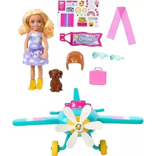 바비 Barbie Chelsea Can Be Doll & Plane Playset, 2-Seater Aircraft with Spinning Daisy Propellor & 7 Accessories, includes Pet Puppy & Stickers