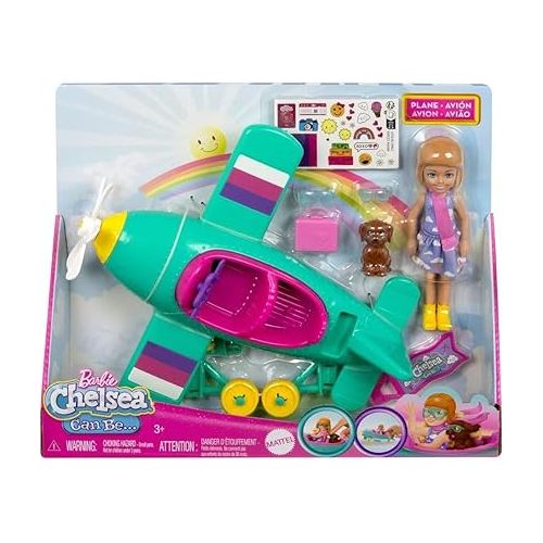 바비 Barbie Chelsea Can Be Doll & Plane Playset, 2-Seater Aircraft with Spinning Daisy Propellor & 7 Accessories, includes Pet Puppy & Stickers