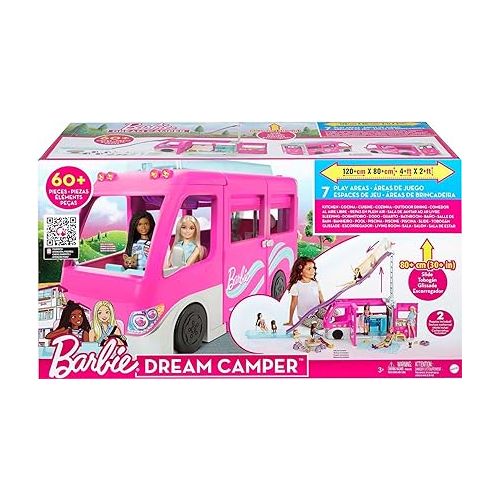 바비 Barbie Camper Playset, DreamCamper Toy Vehicle with 60 Doll-Sized Accessories Including Furniture, Pool & 30-inch Slide