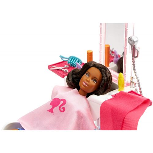 바비 Barbie Metiers Coffret Salon de Beaute et de coiffure avec poupee brune et accessoires inclus, jouet pour enfant, FJB37