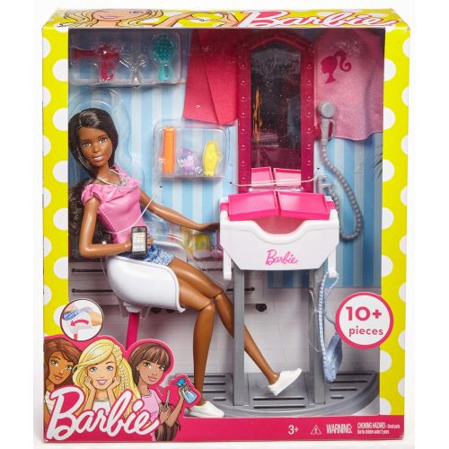 바비 Barbie Metiers Coffret Salon de Beaute et de coiffure avec poupee brune et accessoires inclus, jouet pour enfant, FJB37