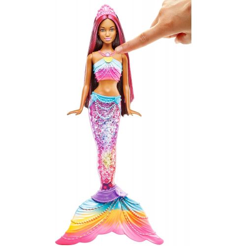 바비 Barbie Dreamtopia Mermaid Rainbow Lights Doll, Dark Brown & Pink Hair