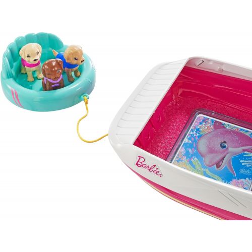 바비 Barbie Dolphin Magic Ocean View Boat with Glass Bottom, 3 Puppies, Floating Raft and Accessories