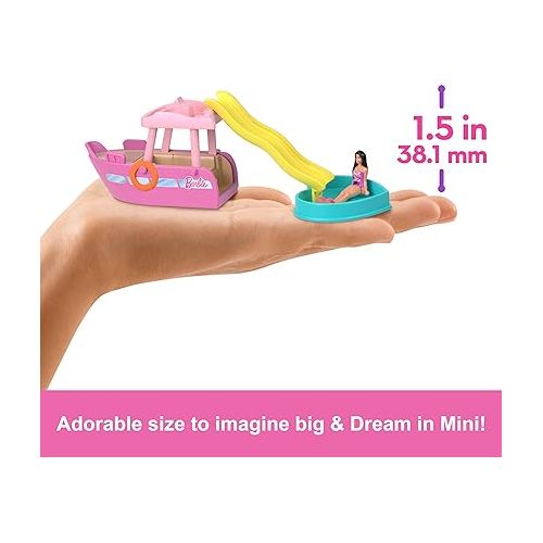 바비 Barbie Mini BarbieLand Doll & Toy Vehicle Sets, 1.5-inch Doll & Dream Boat with Color-Change Surprise