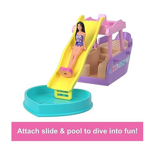 바비 Barbie Mini BarbieLand Doll & Toy Vehicle Sets, 1.5-inch Doll & Dream Boat with Color-Change Surprise