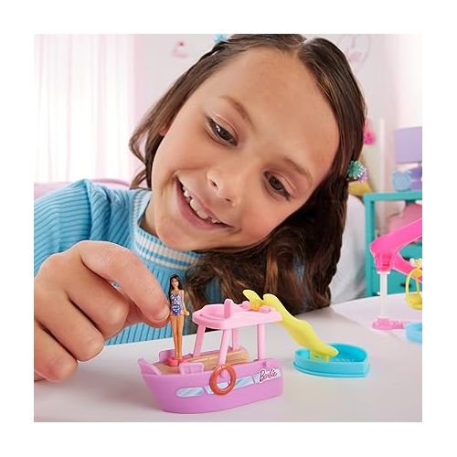 바비 Barbie Mini BarbieLand Doll & Toy Vehicle Sets, 1.5-inch Doll & Dream Boat with Color-Change Surprise