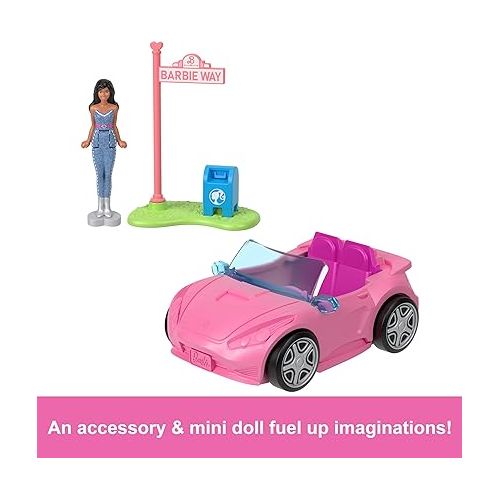 바비 Barbie Mini BarbieLand Doll & Toy Vehicle Sets, 1.5-inch Doll & Convertible Car with Color-Change Surprise, Plus Street Sign Accessory