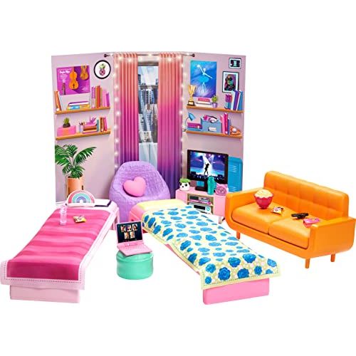 바비 Barbie: Big City, Big Dreams Dorm Room Playset with 2 Beds, Couch, Bean Bag Chair, Bedroom Furniture, Decor & Accessories, Gift for 3 to 7 Year Olds