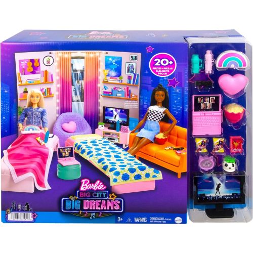 바비 Barbie: Big City, Big Dreams Dorm Room Playset with 2 Beds, Couch, Bean Bag Chair, Bedroom Furniture, Decor & Accessories, Gift for 3 to 7 Year Olds