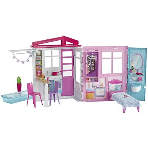 바비 Barbie Dollhouse, Portable 1-Story Playset with Pool and Accessories, for 3 to 7 Year Olds