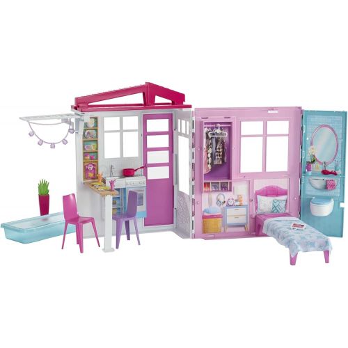 바비 Barbie Dollhouse, Portable 1-Story Playset with Pool and Accessories, for 3 to 7 Year Olds