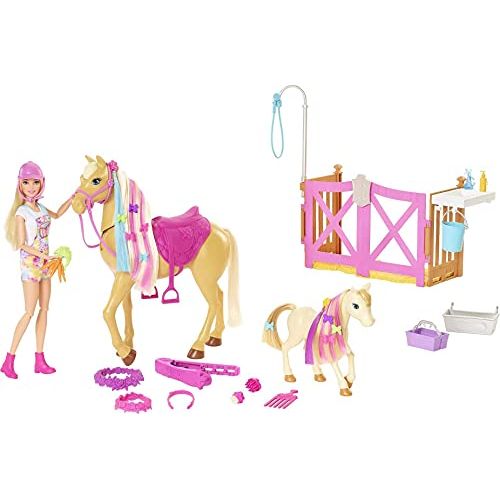 바비 Barbie Groom n Care Horses Playset Doll (Blonde 11.5-in), 2 Horses & 20+ Grooming and Hairstyling Accessories, Gift for 3 to 7 Year Olds [Amazon Exclusive]