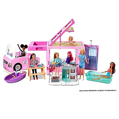 바비 ?Barbie 3-in-1 DreamCamper Vehicle, approx. 3-ft, Transforming Camper with Pool, Truck, Boat and 50 Accessories, Makes a Great Gift for 3 to 7 Year Olds
